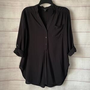 Intro Casual Elegance Black Blouse Partial Button Up 3/4 Roll Tab Sleeves Size S